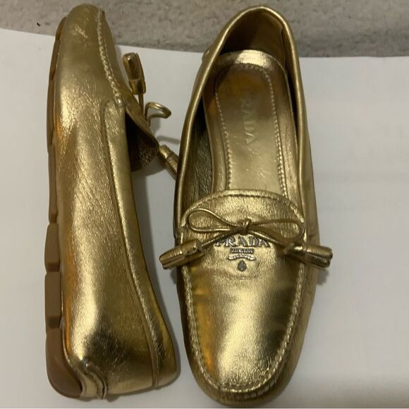 Prada Metallic Gold Leather Bow Slip On Loafers Size 35.5 - Picture 9 of 13